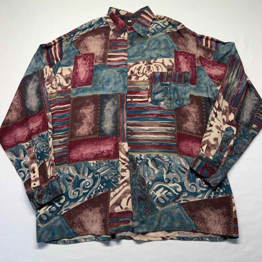 90s Abstract Patchwork Art Shirt Festival Grunge Button Up Gabicci Mens M